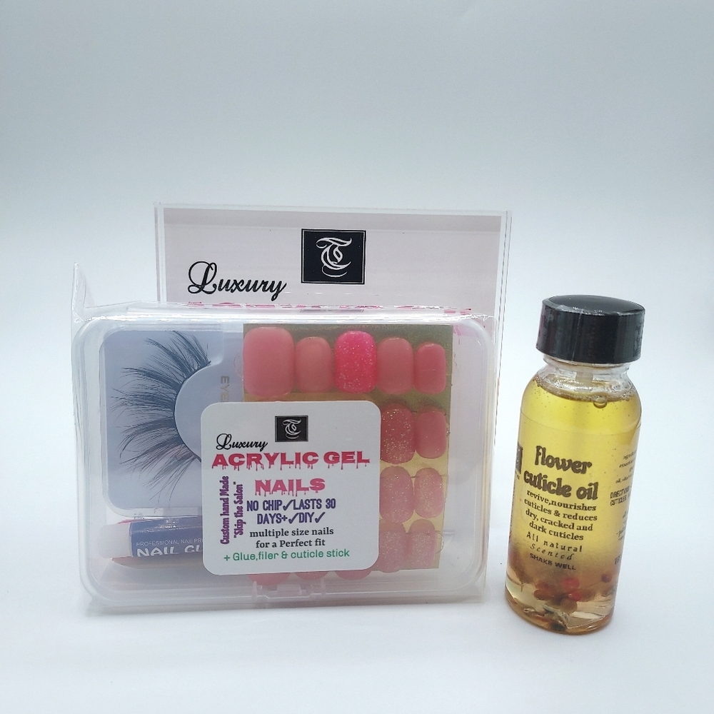 Acrylic Gel Nails with Eyelash Set+flower Cuticle Oil